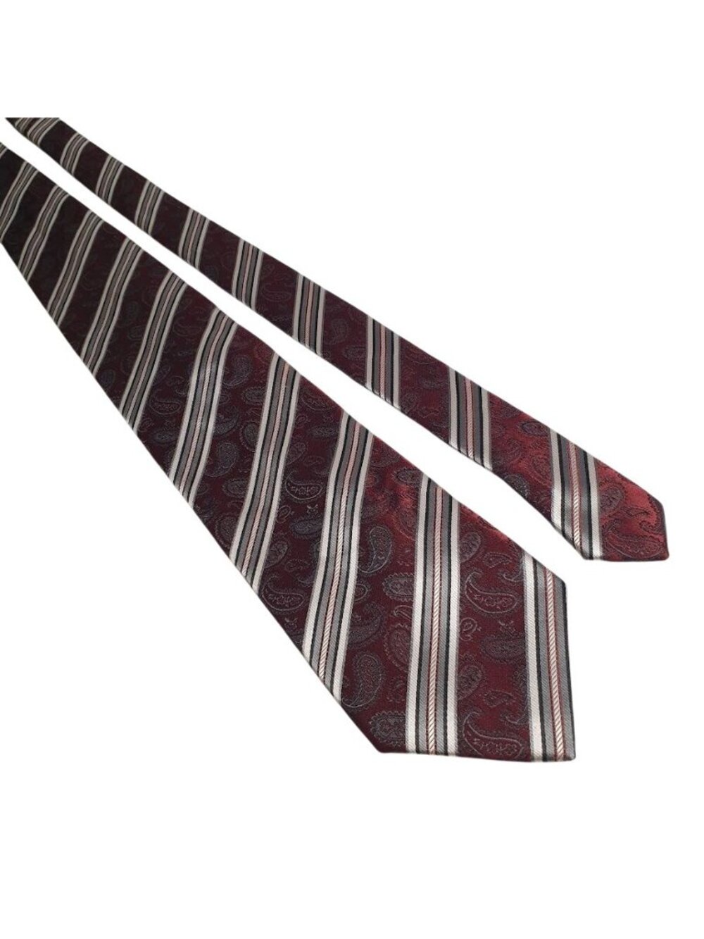 Knightsbridge Paisley Striped Maroon Silver Black Silk Tie Menswear Accessory